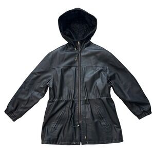 Vintage Middlebrook Park Genuine Leather Hooded‎ Jacket Drawstring Black Large